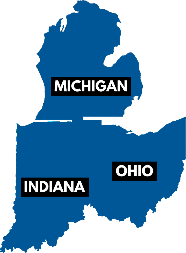 Map of Michigan, Indiana, and Ohio